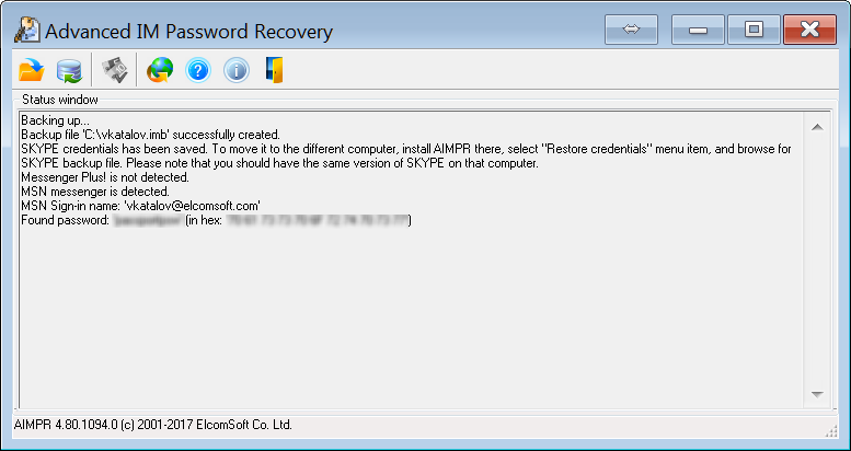 Advanced IM Password Recovery has discovered a password